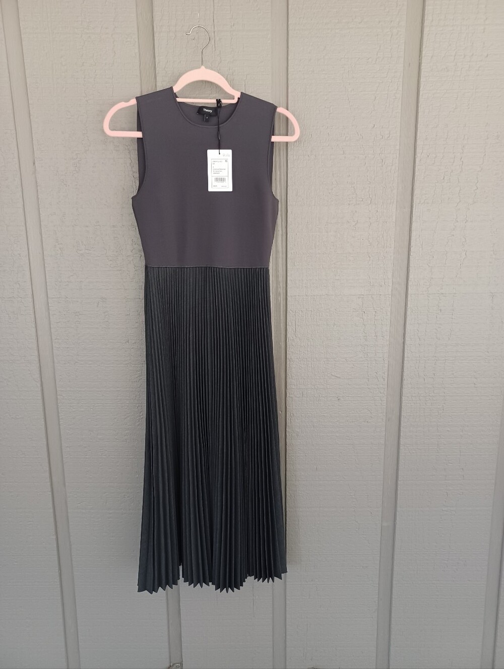 Theory Crew Pleat Midi Dress Size S Quiet Luxury Sleeveless In Charcoal Melange